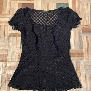 Mango Black Mesh Blouse w structured waist and button details.